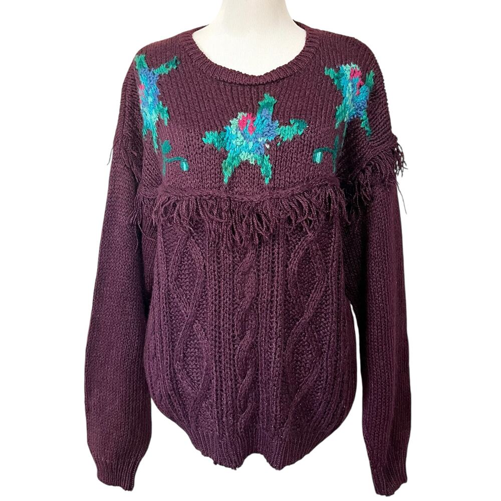 Vintage Women’s Sweater Hand Cable Knitted Fringe Purple Center Aisle Turtles